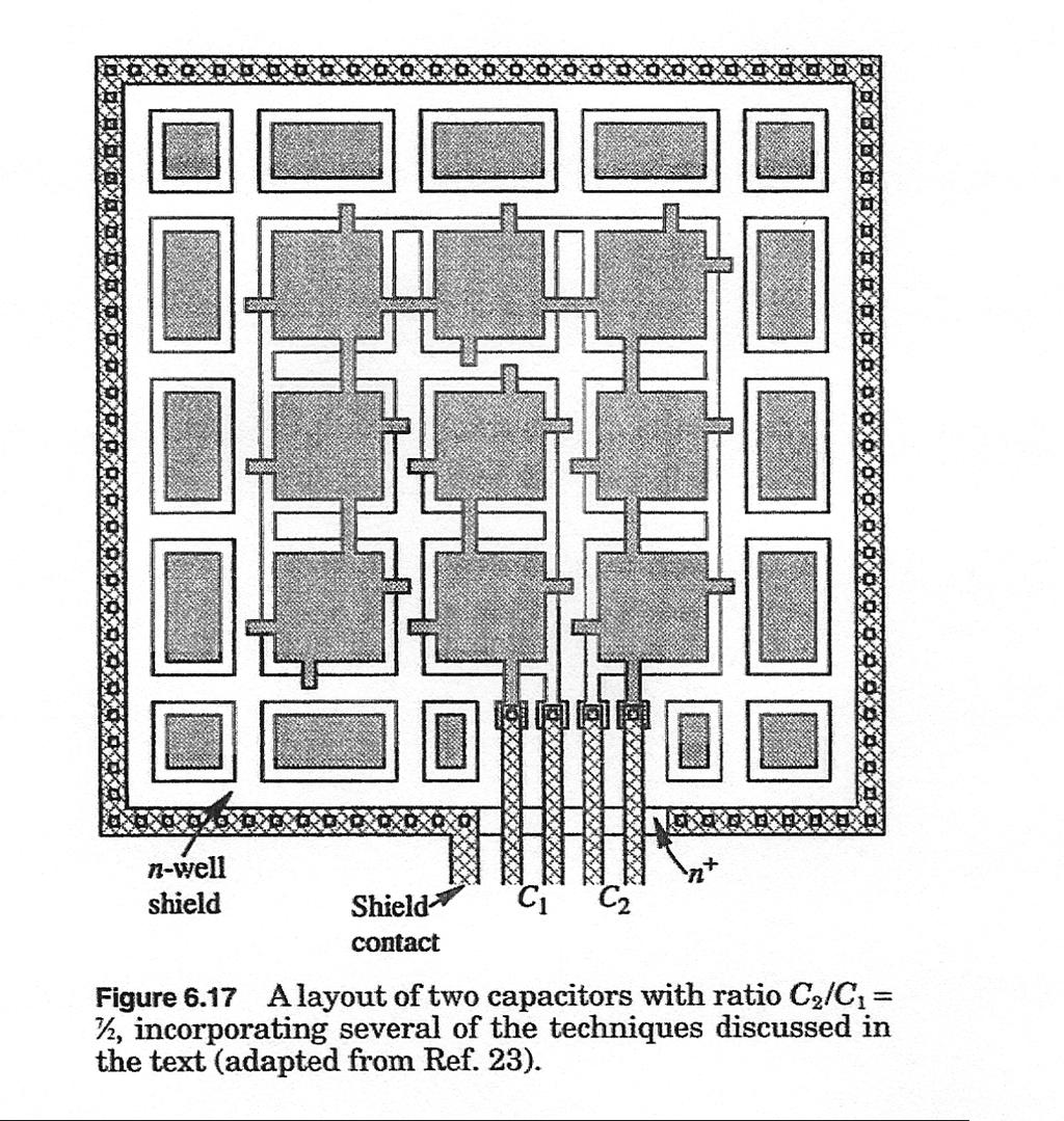 Capacitor Layout Unit elements" Shields:" Etching" Fringing fields" Common-centroid " Wiring and interconnect parasitics" Ref.: Y.