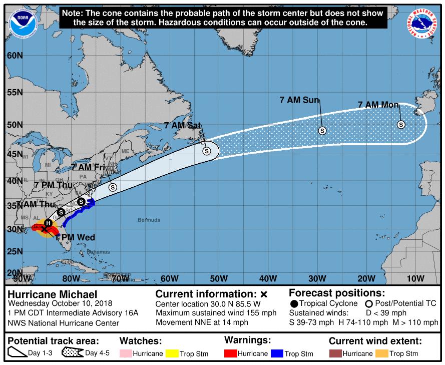 Status at () 10 October, 2018 Michael made landfall northwest of Mexico Beach, Florida as an extremely dangerous Category 4 hurricane with sustained winds of 155mph (250km/h).