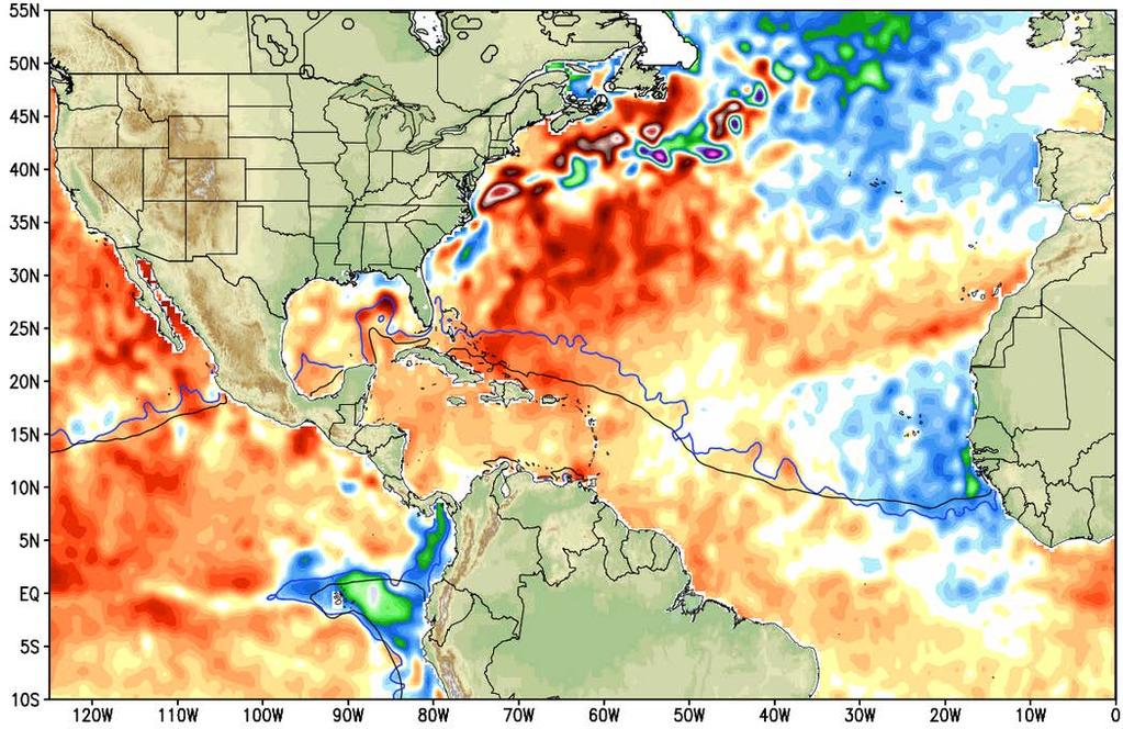 Water temperatures across the western Atlantic and Caribbean are currently above-normal