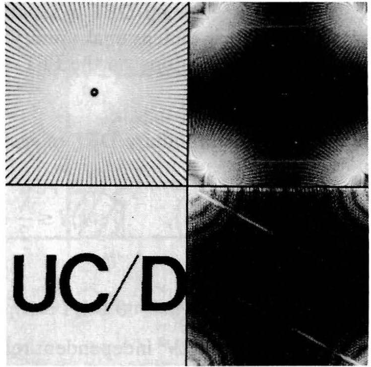 Figure UC/ 5.7 0}] Unitary DFT of images (a) Resolution chart; (b) its DFr; (c) binary image; ( d) its DFr. The two parallel lines are due to the '/' sign in the binary image. U F*VF* (5.