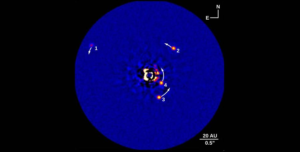 OpenStax-CNX module: m59921 11 Exoplanets around HR 8799. Figure 6: This image shows Keck telescope observations of four directly imaged planets orbiting HR 8799.