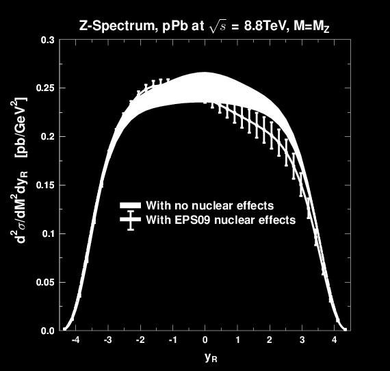Figure 7: Illustrative examples of the predicted Z and W ± rapidity distributions in p+pb collisions at the LHC and the expected impact of the nuclear modifications in PDFs. Figure from [11].
