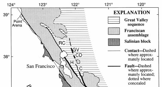 What do you think happens as the SAF breaks into several different faults. The diagram below shows the SAF, Hayward (H), and Calaveras ( C ) faults. Draw on the San Gregorio yourself.