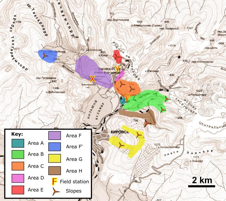 d. Measurement sites Figure 6: Map of the measurement areas in the Southern Khibiny Mountains.