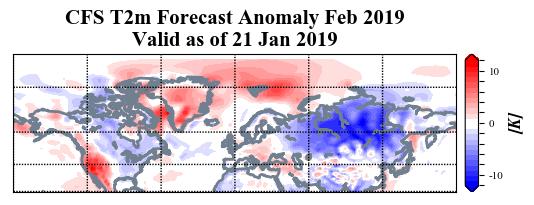 Figure 14. Forecasted average surface temperature anomalies ( C; shading) across the Northern Hemisphere for February 2019. The forecasts are from the 21 January 2019 CFS.