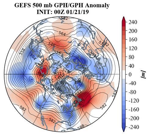 Figure 2. Observed 500 mb geopotential heights (dam; contours) and geopotential height anomalies (m; shading) for 00Z 21 January 2019.