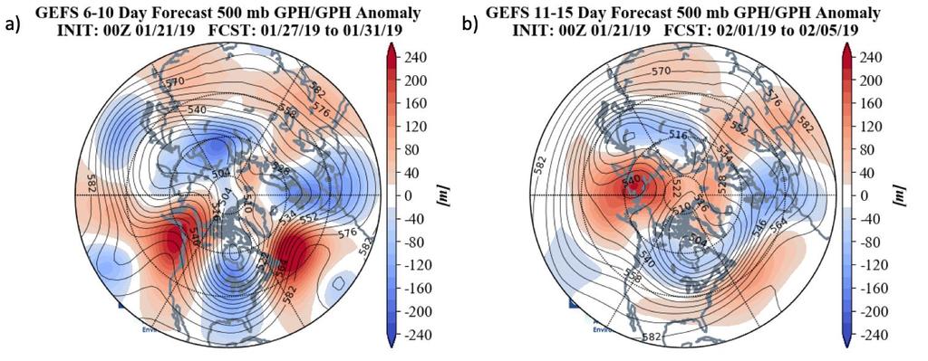 Figure 5. (a) Forecasted average 500 mb geopotential heights (dam; contours) and geopotential height anomalies (m; shading) across the Northern Hemisphere from 27 31 January 2019.