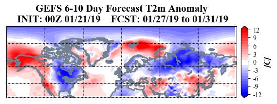 Figure 6. Forecasted surface temperature anomalies ( C; shading) from 27 31 January 2019. The forecasts are from the 00Z 21 January 2019GFS ensemble.