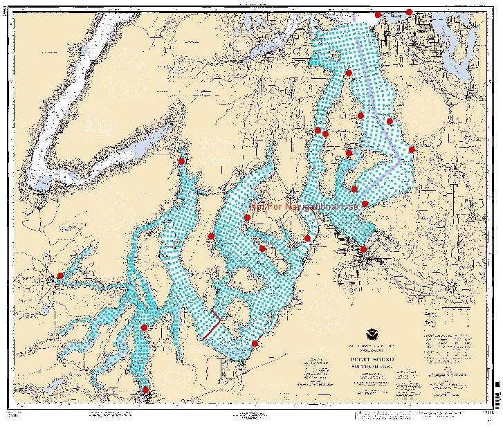 2003 Georgia Basin/Puget Sound Research Conference Figure 1. Locations of subject cross-channel transects (red lines), NOS tide gauge stations (red dots), and model grid cell centers (blue dots).
