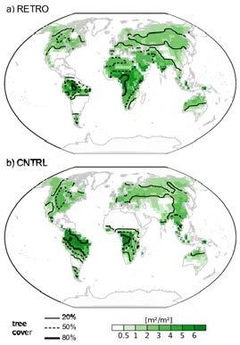 Deserts Figure 4: Leaf area index and tree cover for a) CNTRL and b) RETRO. The leaf area index is the ratio between the one-sided leaf surface area in a grid cell and the ground surface area.
