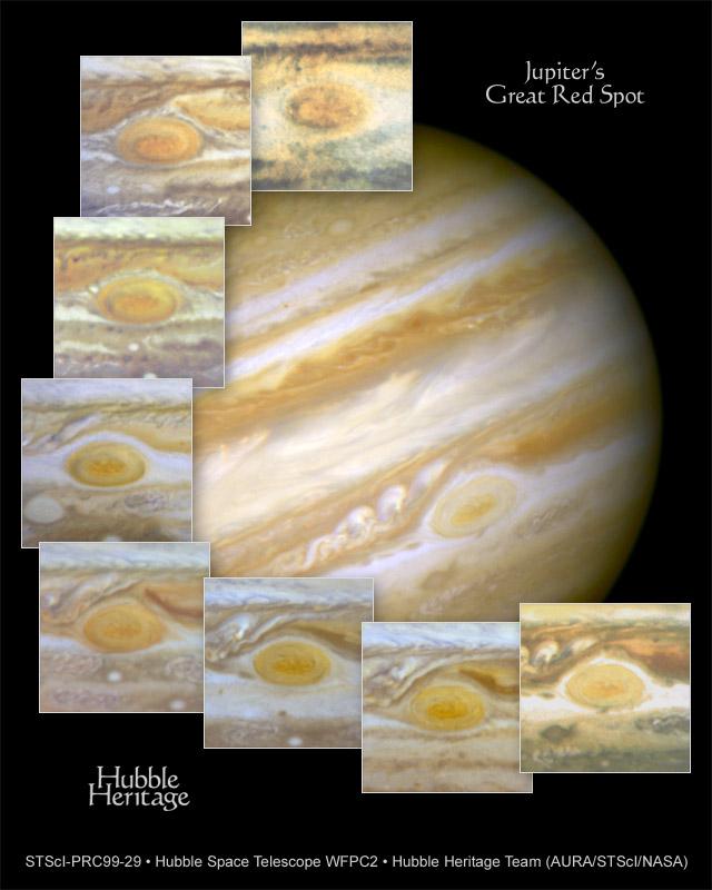 Great Red Spot (GRS) Giant Storm = 3 Earth diameters. Rotates once every 6 days Red spot is changing colors http://www.nasa.gov/centers/goddard/images/ content/387520main_92_80_1-334x312.