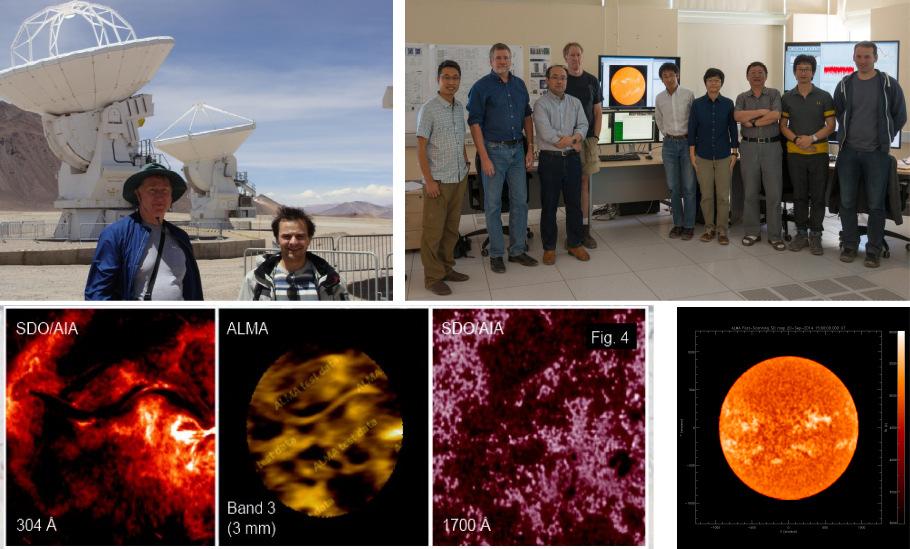 Fig. 5: Solar ALMA Observing Campaign (solar mode commissioning and science verification CSV) 2014 and 2015: Part of Solar ALMA ObsMode Development Team (top) and sample of the CSV results: