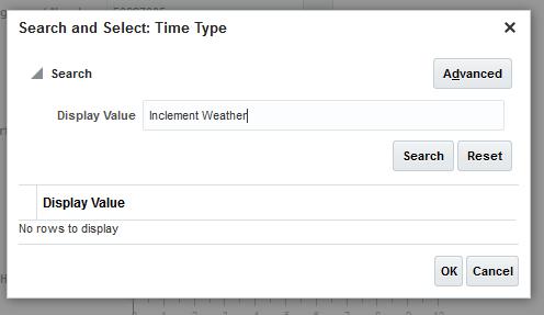 3. In the Search and Select: Time Type box, type Inclement Weather then