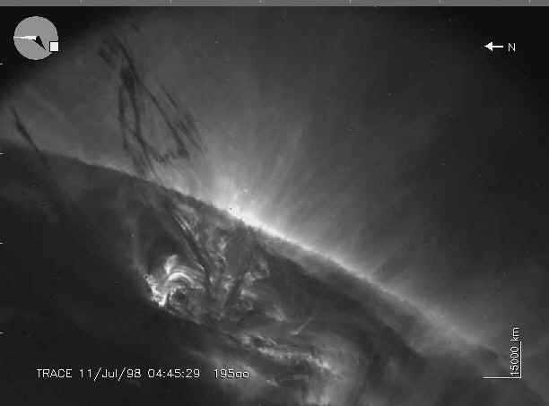 Coronal Features Prominences gas trapped in the magnetic fields is heated and elevated through