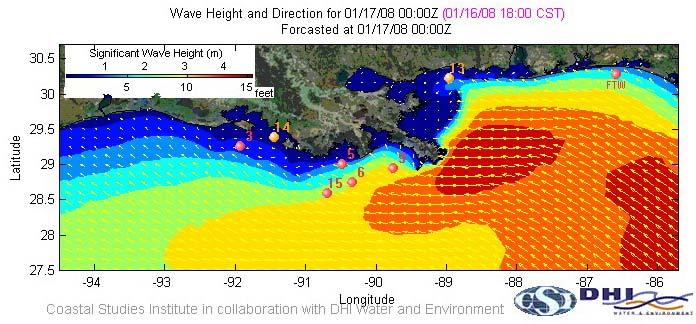 Fig. 10 Forecast of significant wave height and mean wave direction for the northern Gulf of Mexico, using the MIKE 21 Spectral wave model.