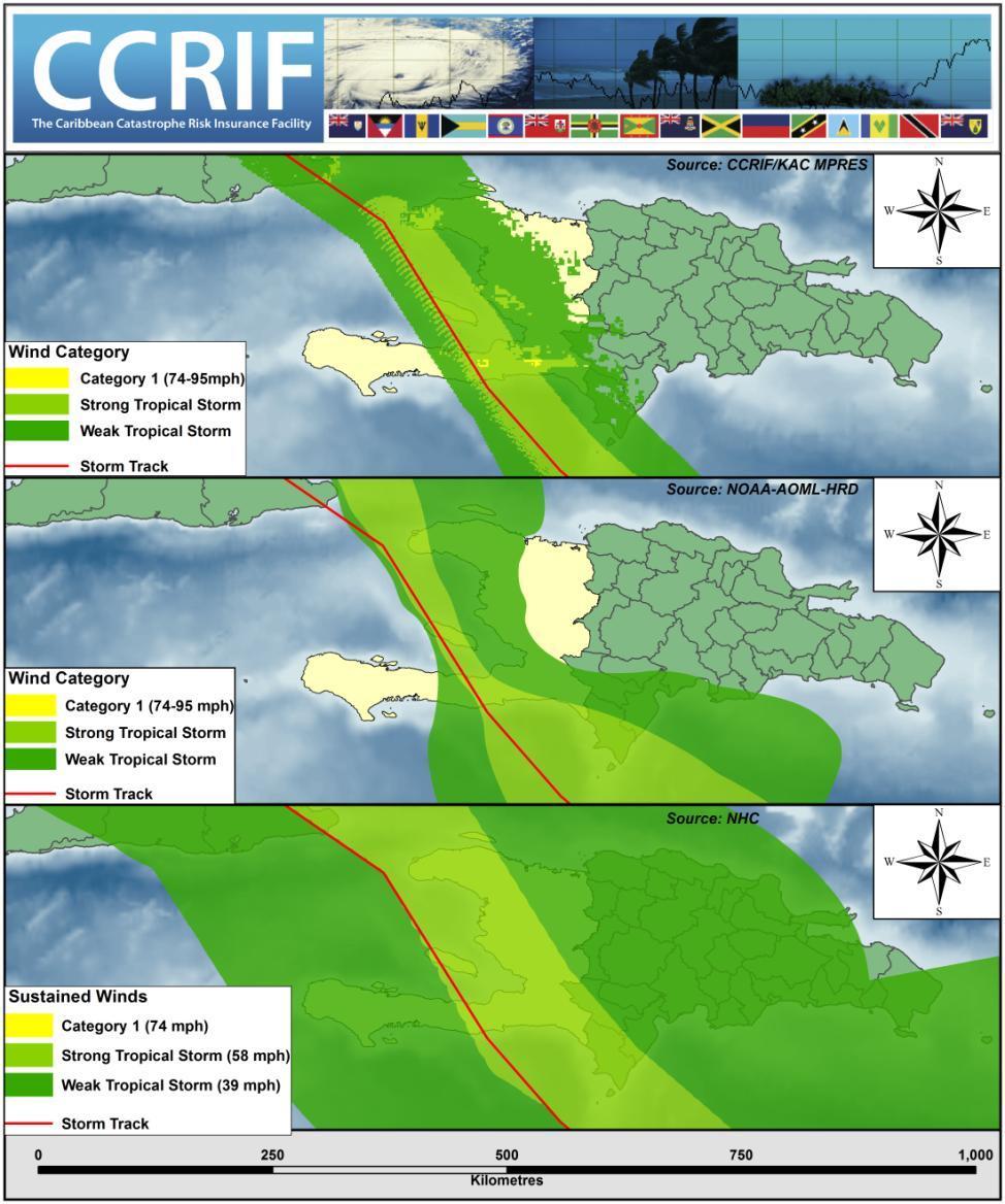 Figure 2 Comparison of CCRIF model (top), H*WIND model (middle) and NHC