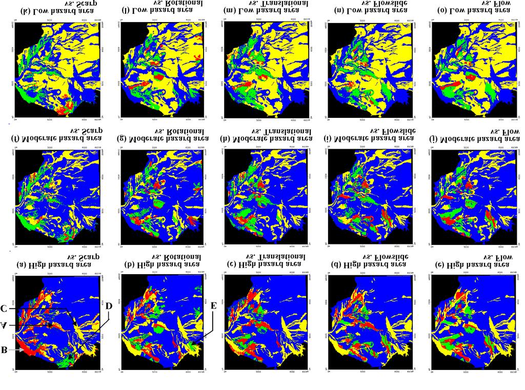 Plate 3 The difference map (termed DIF map-b) between the hazard map made by the ITC team and the prediction maps with respect to the different landslide types (cf.