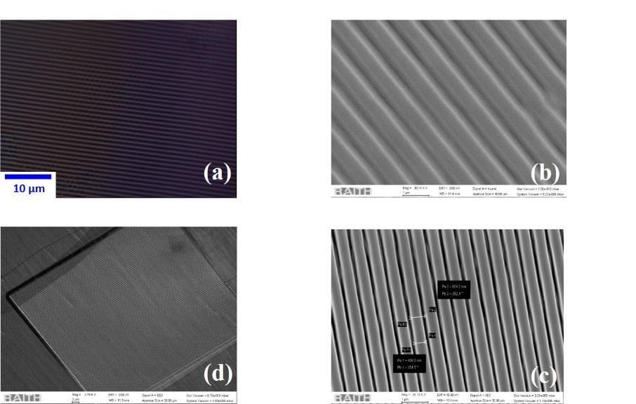 Figure S2 Optical and SEM images of the grating structures taken at each step of the fabrication procedure to ensure a high quality of fabrication.