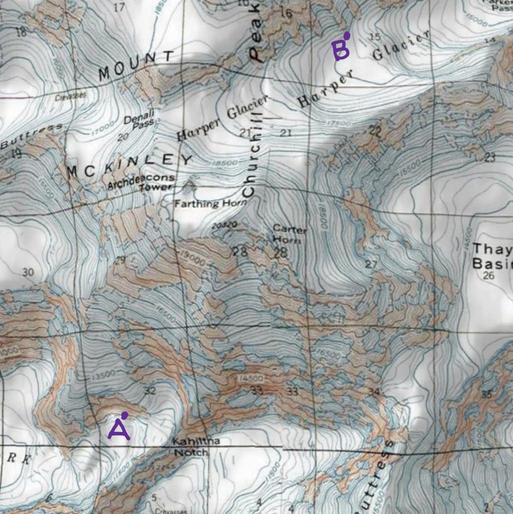 3. Two groups are climbing Denali, one located at point A and one located at point B in the image below.
