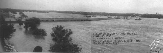 June 1935: Floodwaters from heavy Hill Country rains cause the Colorado River in Austin to crest at 50 feet, one foot below the