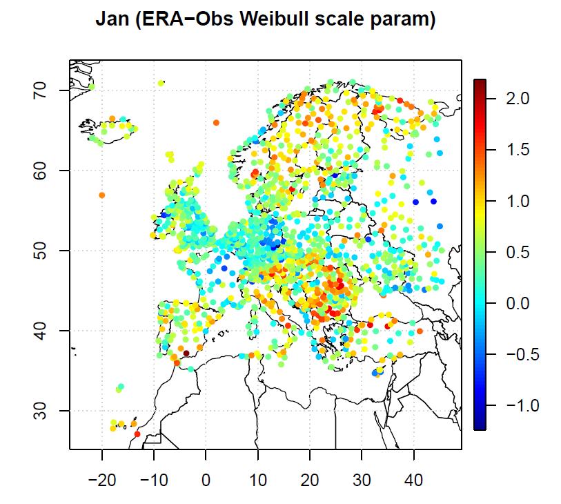 Comparison of ERA-Interim and Station Observations (at 10m) of the shape and scale