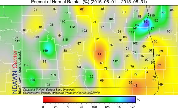 Spring 2015 Weather in North Dakota: Total Precipitation percent of mean (1981-2010)