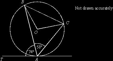 Explain why angle QSR = 32......... (2) (b) The diagram shows a circle, centre O. TA is a tangent to the circle at A. Angle BAC = 58 and angle BAT = 74.