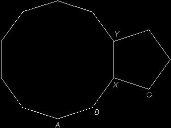 Q89. The diagram shows a regular pentagon and a regular decagon joined at side XY.