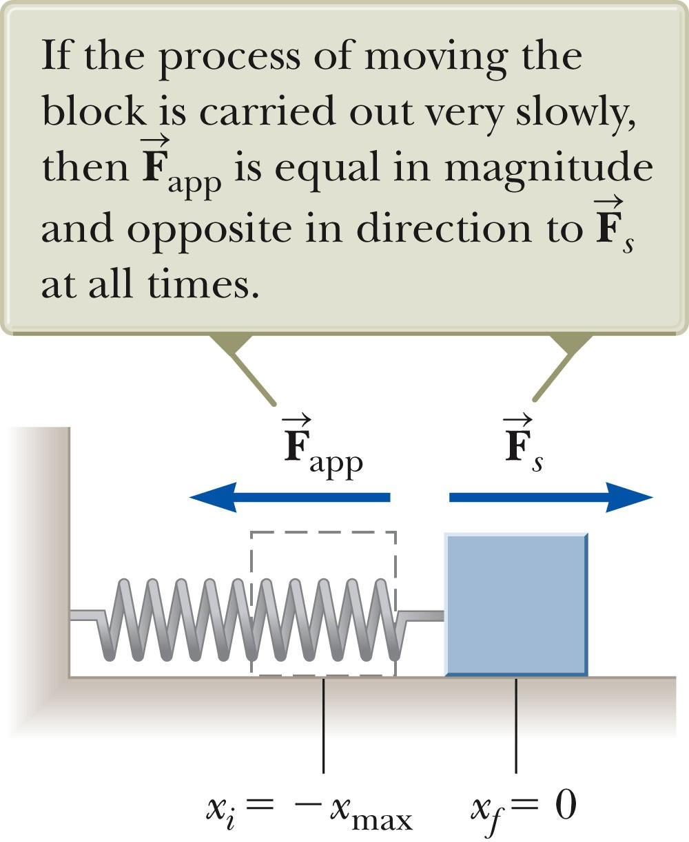 Spring with an Applied Force Suppose an external agent, F app, stretches the spring. The applied force is equal and opposite to the spring force. F app F 垐 appi Fs kxi kx?