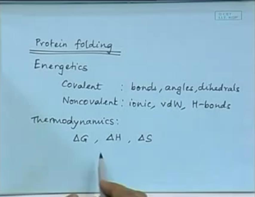 So, what we learnt today was we learnt about the protein folding, the energetics of protein folding, where we have covalent and non-covalent contributions.
