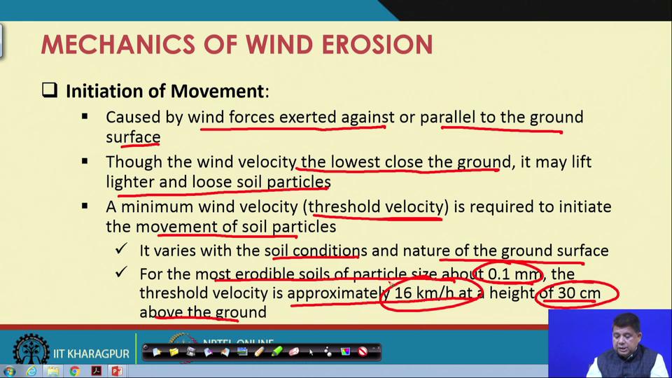 (Refer Slide Time: 25:50) And if we talk about the initiation of movement, it is caused by wind forces exerted against or parallel to the ground surface; very similar to very similar to the