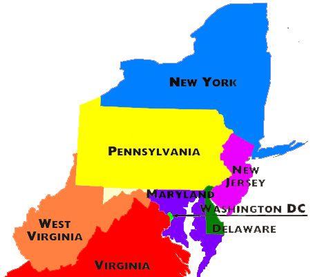 The Mid-Atlantic The Middle Atlantic map includes the states of New Jersey, Pennsylvania, Delaware, and Maryland, as well as the southern New England states, southern New York, and eastern Virginia,