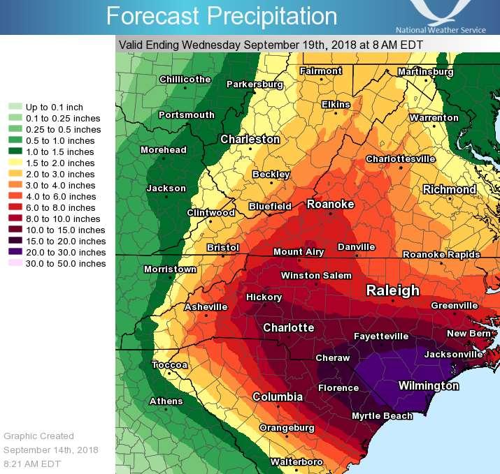 Total Rainfall Forecast through Tuesday Extreme rainfall expected in southern Appalachians: Rainfall across the region could vary from 5 to as much as 15 inches, with the highest