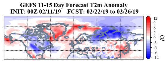 Figure 8. Forecasted surface temperature anomalies ( C; shading) from 22 26 February 2019. The forecasts are from the 00Z 11 February 2019 GFS ensemble.