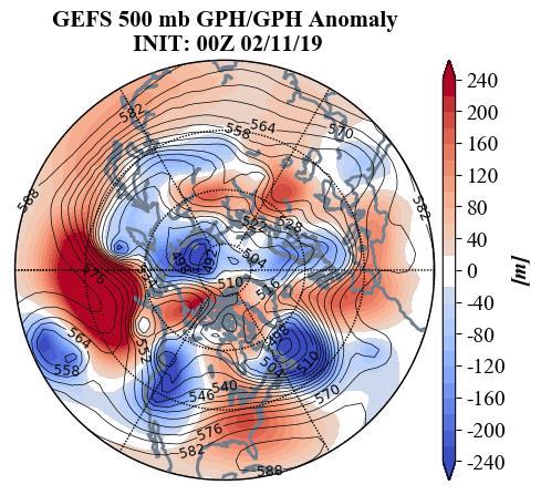 Figure 2. Observed 500 mb geopotential heights (dam; contours) and geopotential height anomalies (m; shading) for 00Z 11 February 2019.