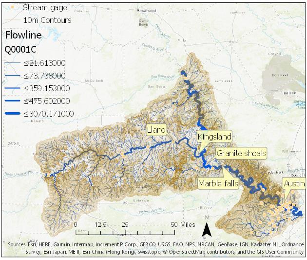 Figure 3. Map of the Highland lakes basin The map in Figure 3 gives an initial idea about the hydrology of the basin based on the NHDPlus dataset and shows where stream measurements are taken.