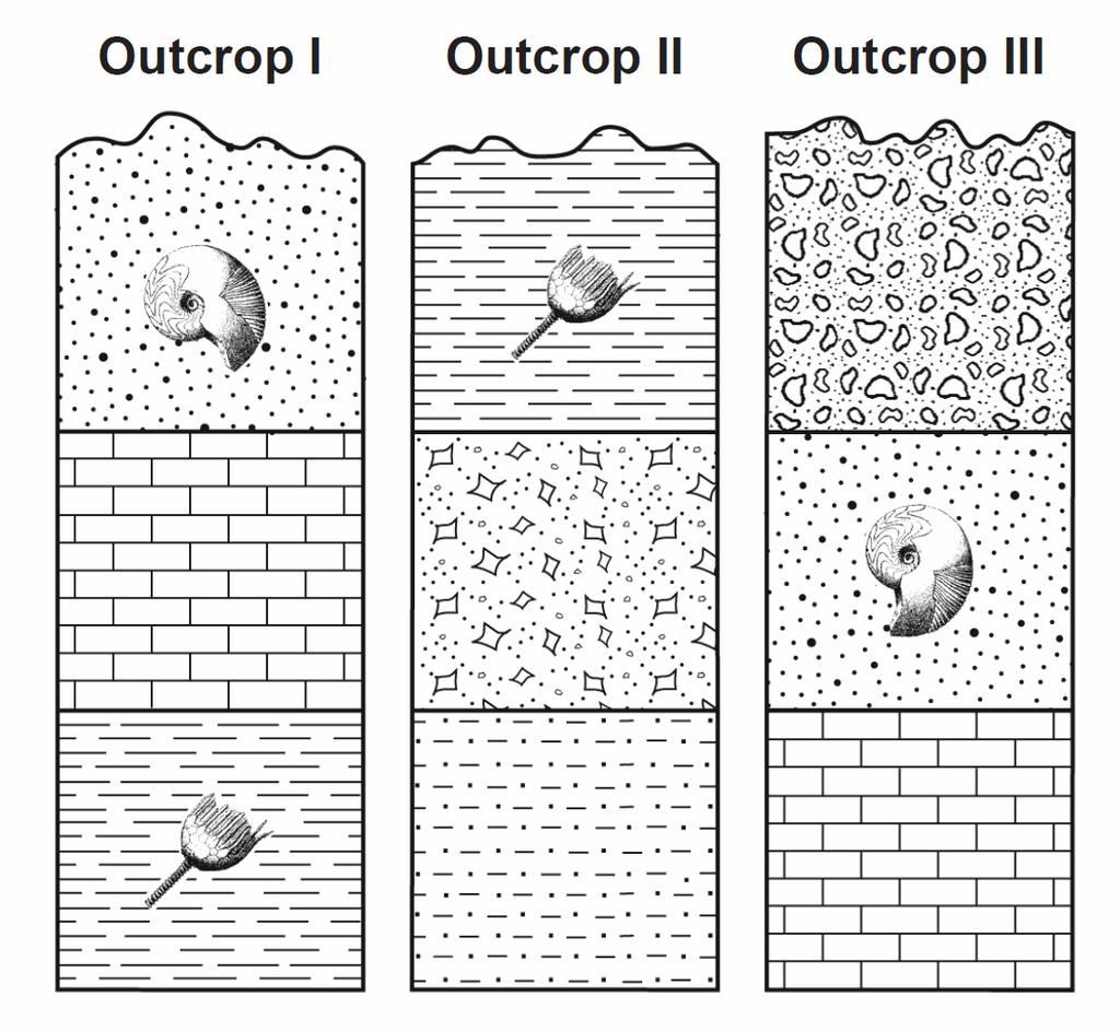 Look at outcrops I, II and III: 1) The rock layers in Outcrop II have been labeled for you. 2) Match the rock layers from Outcrop I, II and III.