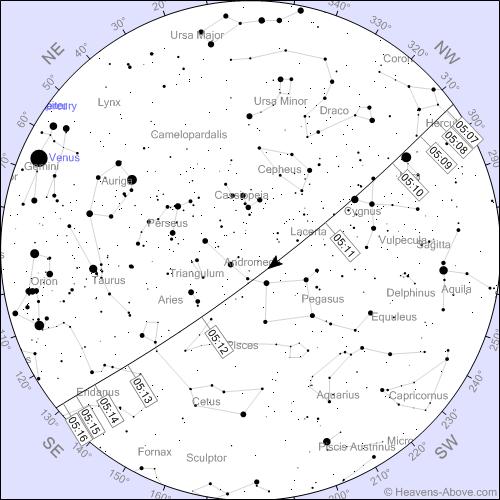 August 2, 5:08 AM The ISS appears at the horizon in the north-west, passes through Lyra and