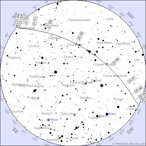 August 7, 8:55 PM The ISS appears at the horizon in the west-by-south-west, rises high in the north-west then descends to