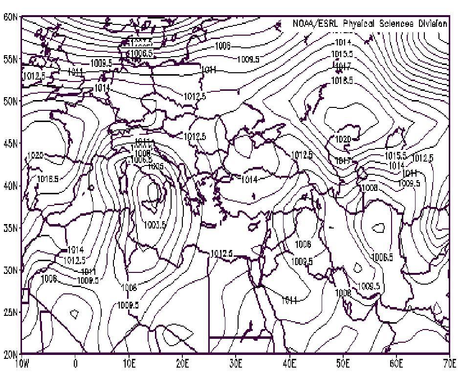 map a cyclone with the central pressure of 1006 hectopascals enters the country from the north-west which affects the Azerbaijan boundary.