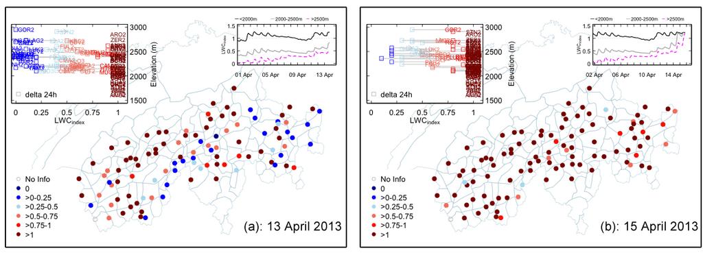 Figure 3: Summary plot showing the liquid water content index (LWC index ) for all 105 AWS covering the Swiss Alps during (a) the onset and (b) the peak wet-snow activity in mid April 2013.