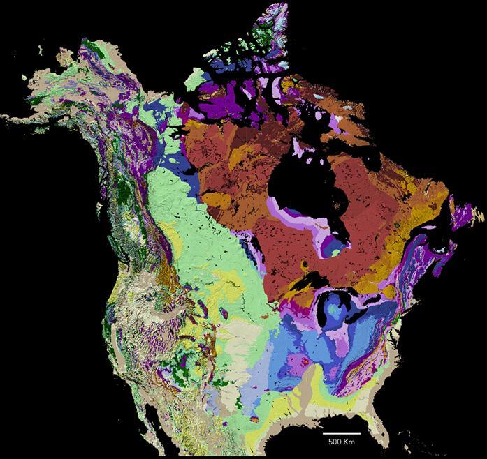 Geologic map of North America, note the distribution of