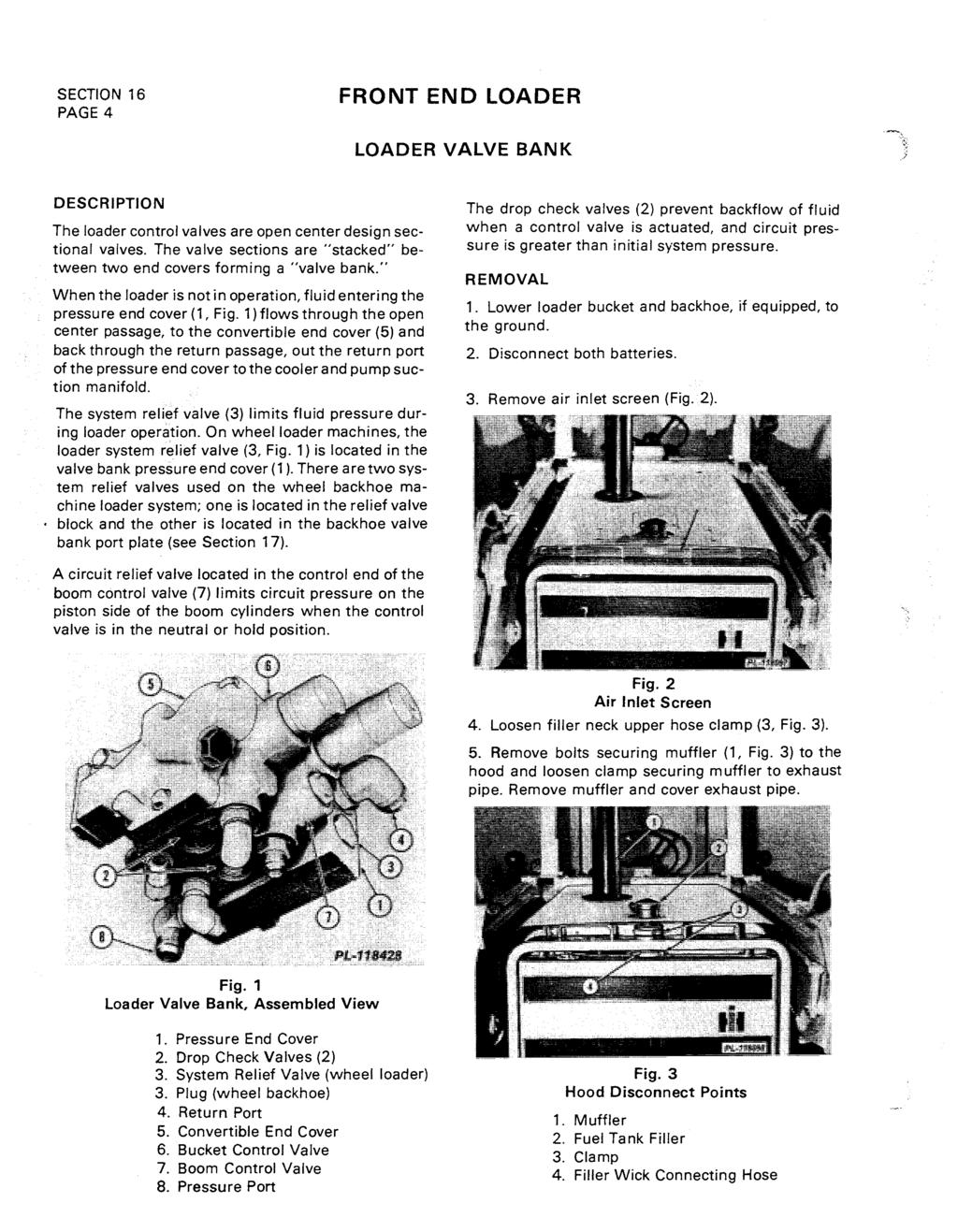 SECTION 16 PAGE 4 FRONT END LOADER LOADER VALVE BANK DESCRIPTION The loader control valves are open center design sectional valves.