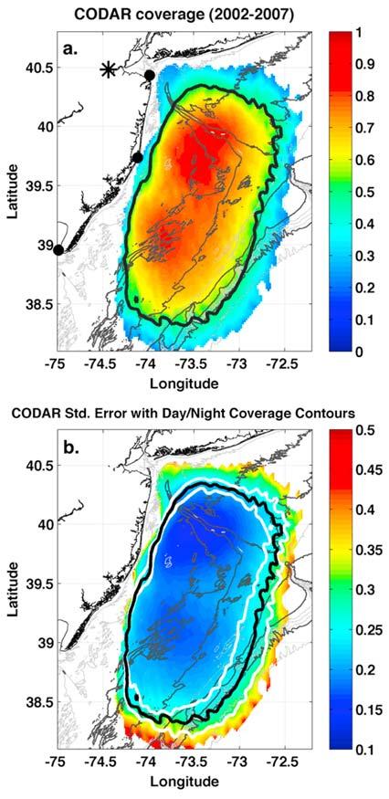 Figure 2. (a) Long range CODAR data coverage for the New Jersey Shelf from 2002 to 2007. The 50% contour is drawn in black.