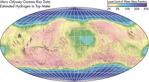 Figure 9.31 Global map of the likely percentage of water in Martian surface layers.