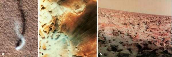 Figure 9.32 (A) A dust devil (small tornado) spotted by the Mars Reconnaissance Orbiter. (B) Fog in Martian valleys seen by the Viking orbiter. (C) Frost on surface rocks near the Viking lander.