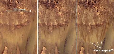 Figure 9.33 Sequence of images of the wall of a crater from early to midsummer. As the crater warms, dark streaks extend down the crater wall, resembling wet patches.