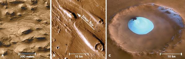 understanding of Martian geology. The terraced layers in Figure 9.29A are at the bottom of one of Mars's great canyons. Such features on Earth are usually laid down deep underwater.