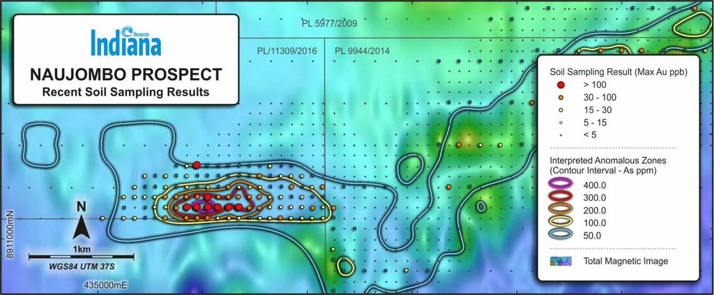 11/07/2017 Large coherent gold soil anomaly discovered at Naujombo New gold target identified at Naujombo South Drilling completed at Naujombo South Drilling programs on hold pending review of