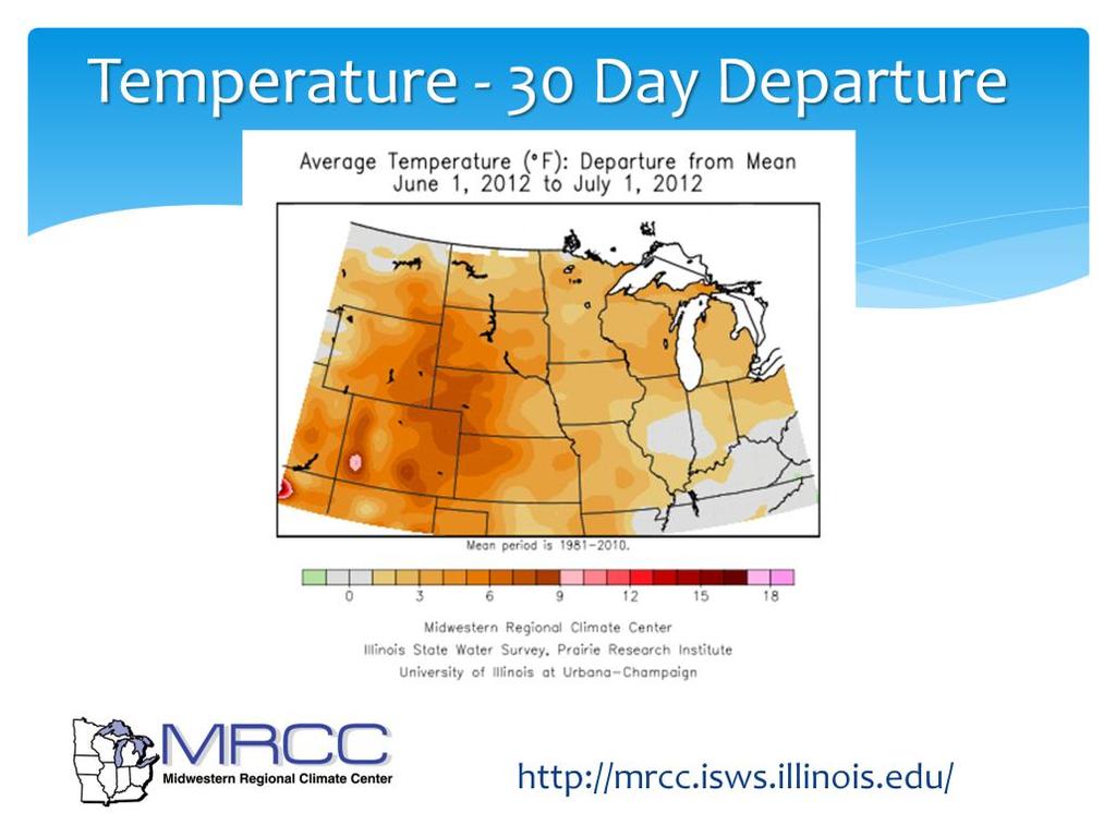In conjunction with the dryness we have had very warm temperatures. Over the last 30 days temperatures have been well above average over most of the region.